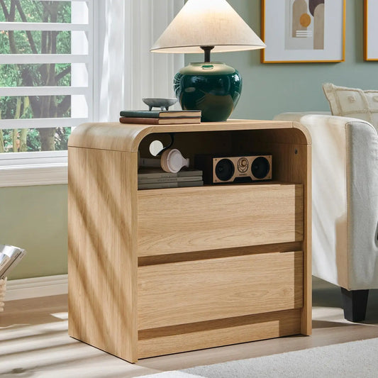25 Inch Tall Modern Nightstand with Charging Station and 2 Drawers