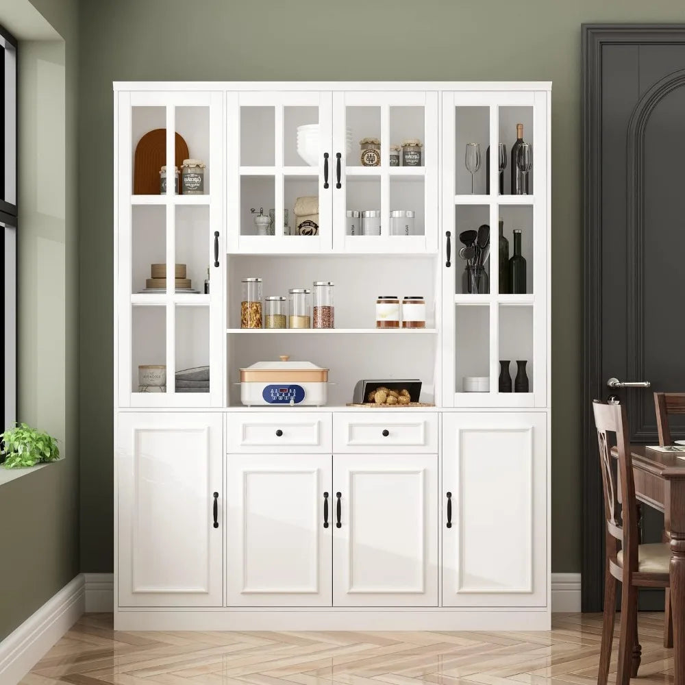Large Kitchen Pantry Storage Cabinet Freestanding Cupboard with Glass Doors