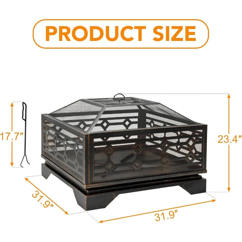 Large 32 Inch Outdoor Fire Pit Wood Burning Square Metal Fireplace