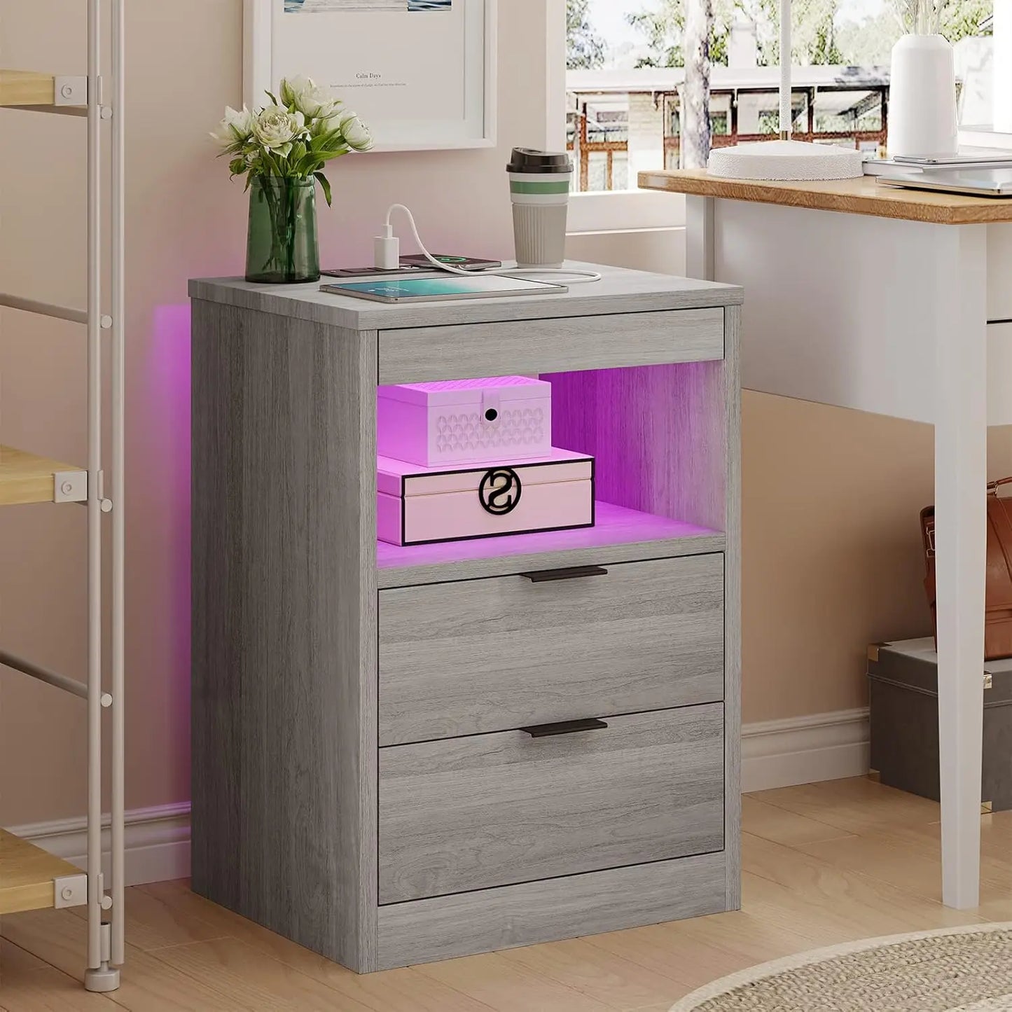 LED Nightstand Set of 2 with Wireless Charging Station and Drawers