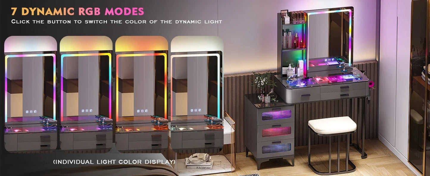 RGB Vanity Makeup Desk with 6 Drawers Smart Lighting and Charging Station