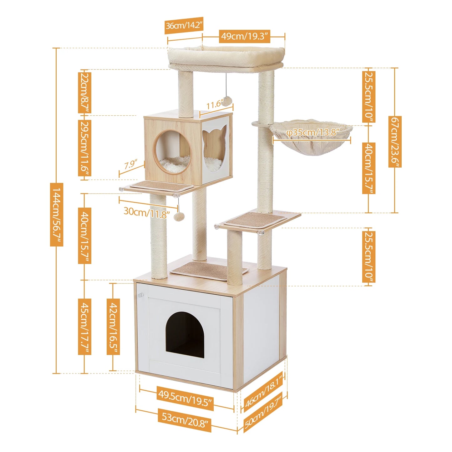 Multi-Level Cat Tree Indoor Wood Tower with Hammock Scratching Posts