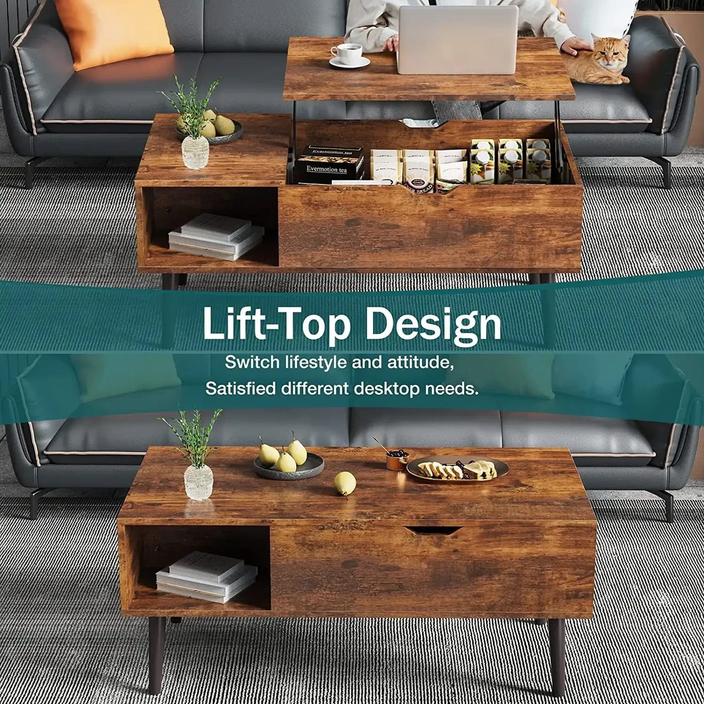 Adjustable Height Wooden Coffee Table with Hidden Storage for Small Spaces