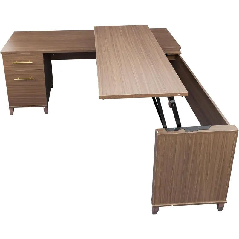 L-Shaped Ergonomic Home Office Desk Sit Stand with Storage Cabinet