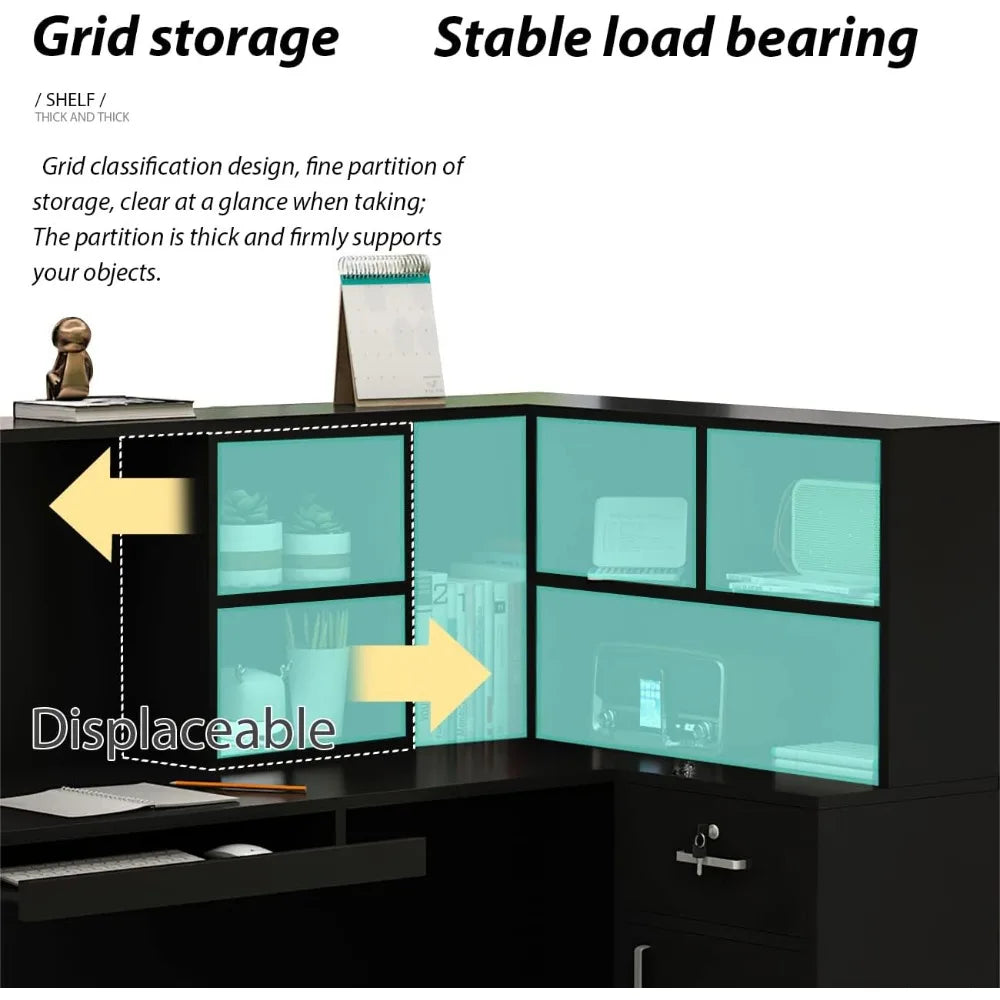 L-Shape Reception Desk with Open Shelf and Drawers Wooden Office Table