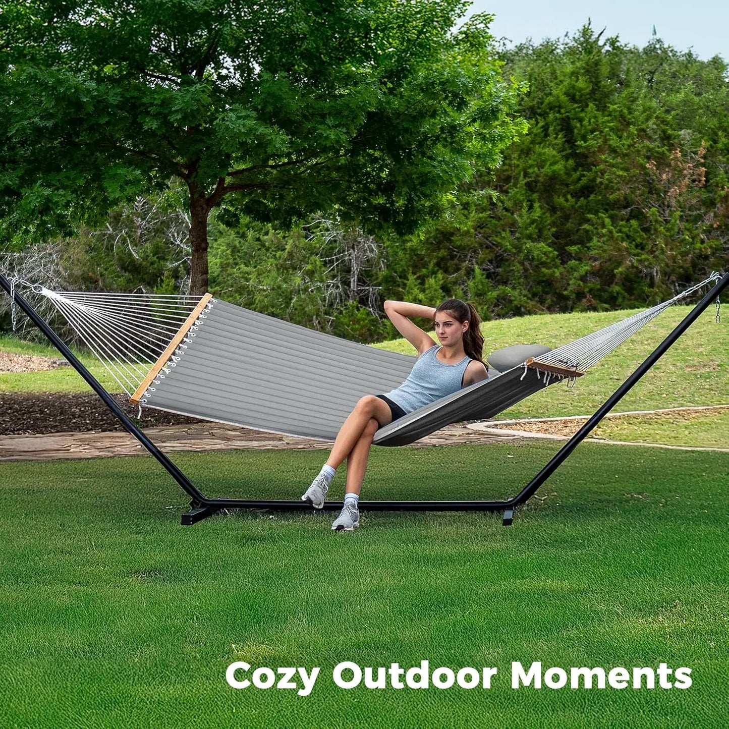 Hammock with Stand Quilted Outdoor Portable 2 Person Detachable Pillow