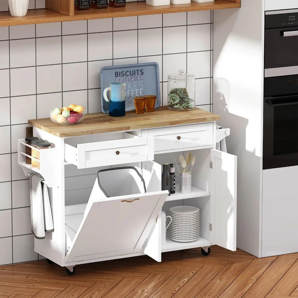 Large Kitchen Island with Drop Leaf Rolling Trash Cabinet on Wheels