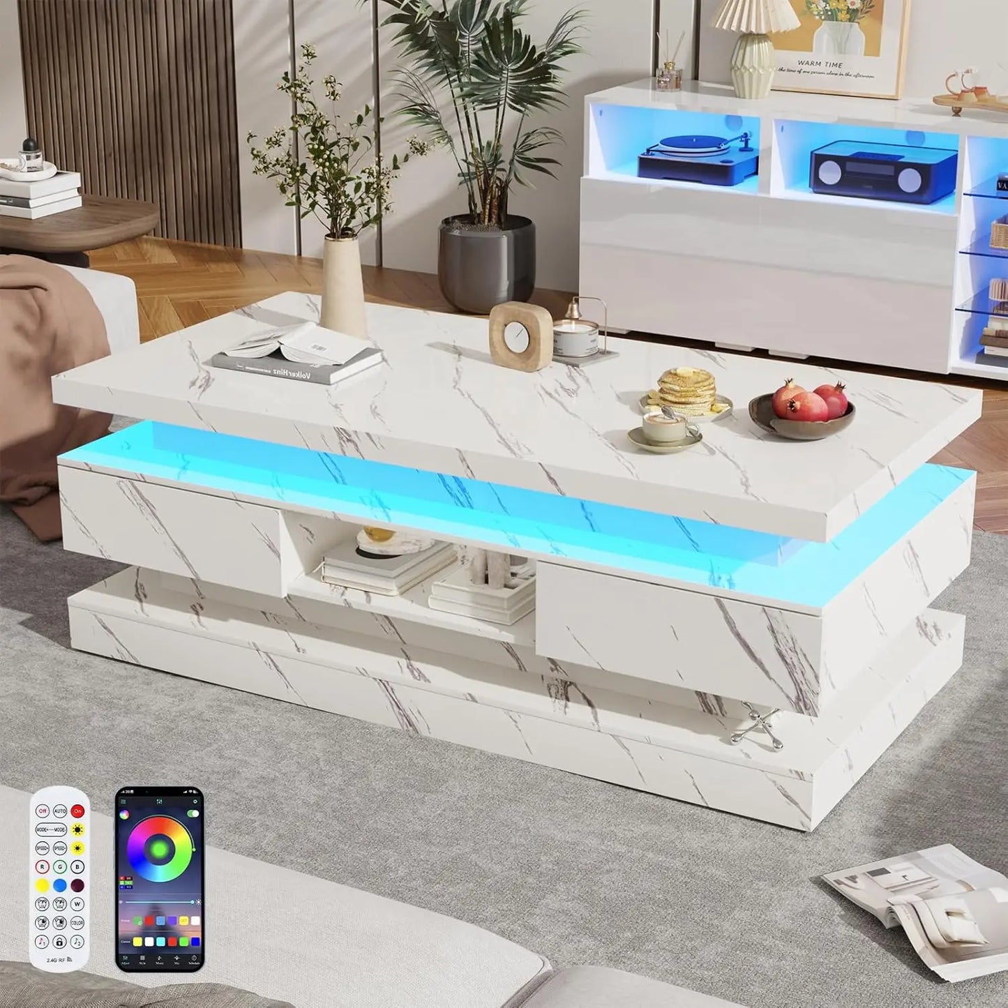 47.2 Inch Modern High Gloss LED Coffee Table with 2 Drawers and Lights