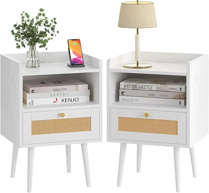 Rattan Nightstand with Charging Station Mid Century Modern Bedside Table