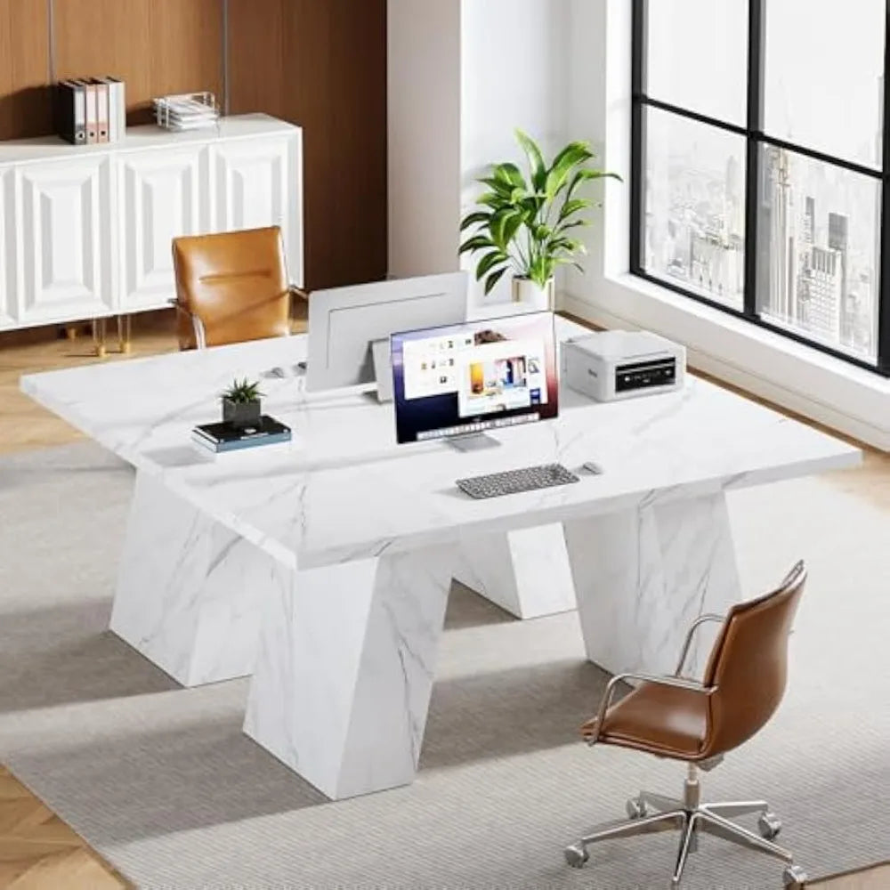 Modern Executive Desk 63 Inch Wooden Faux Marble Computer Workstation