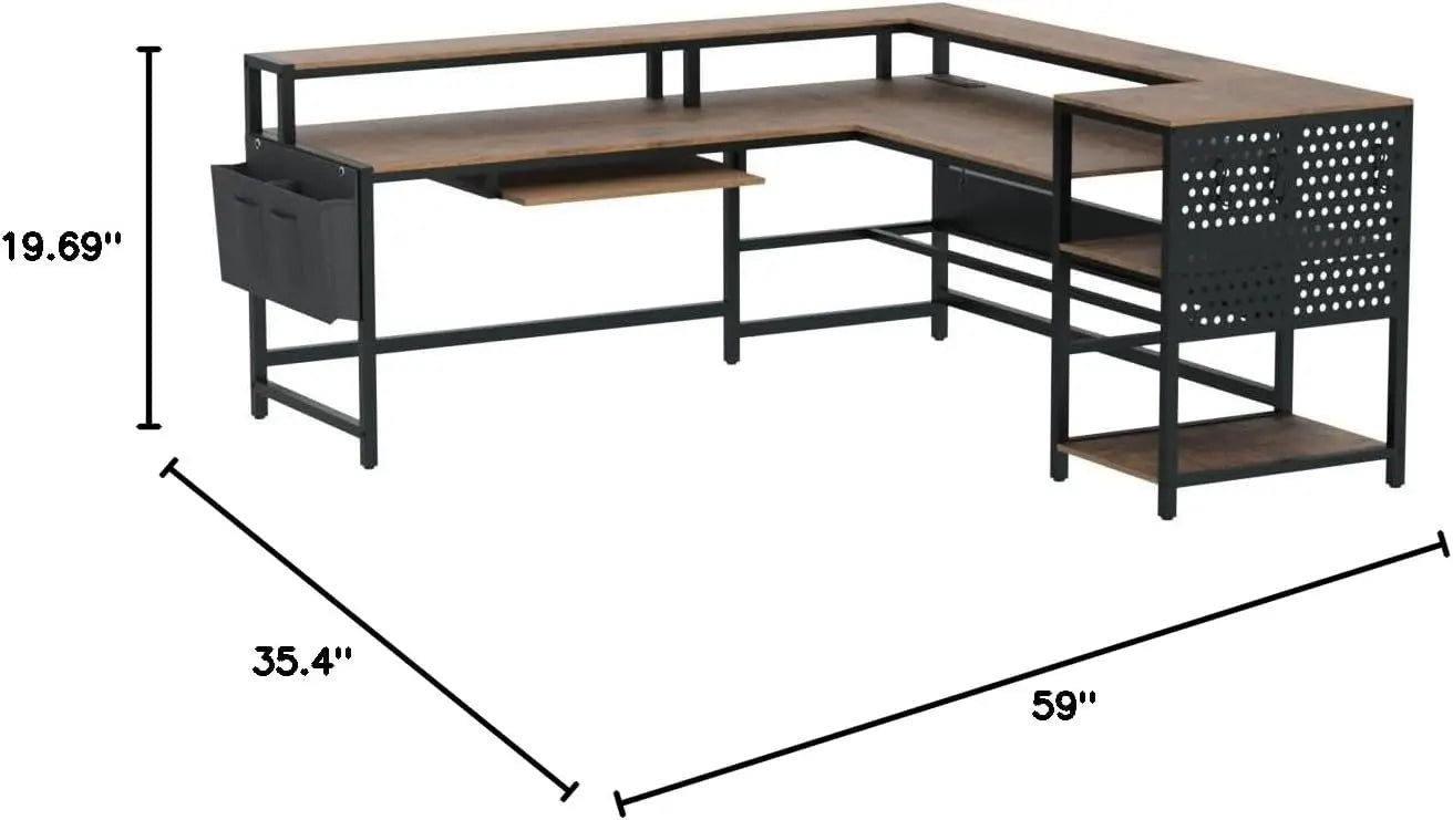 L Shaped Computer Desk with Power Outlets LED Strip Monitor Shelf Keyboard Tray