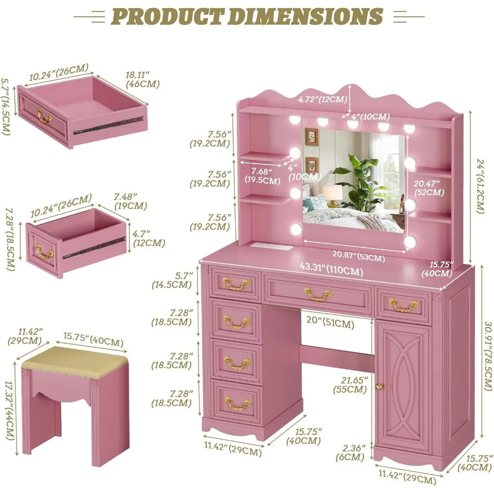 Large Makeup Vanity Desk with Mirror Lights Charging Station and Drawers