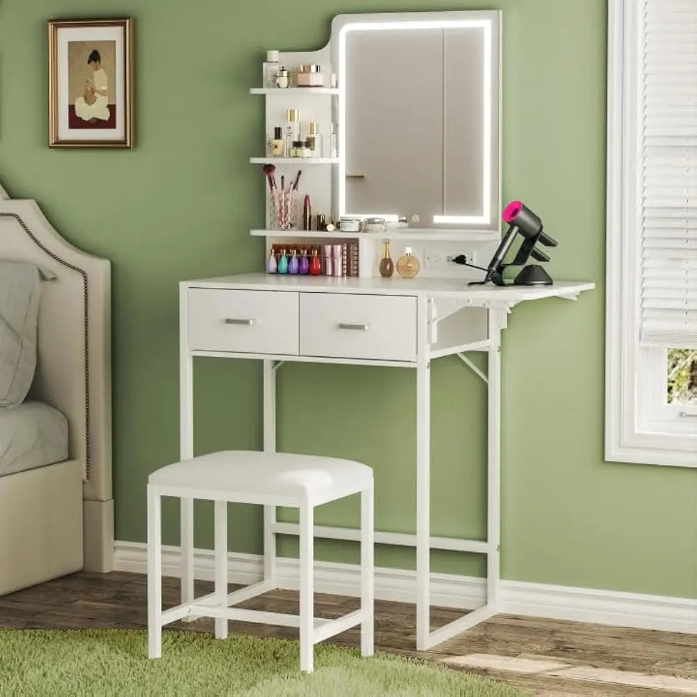 Makeup Vanity Desk with Foldable Panel Mirror Light and Storage