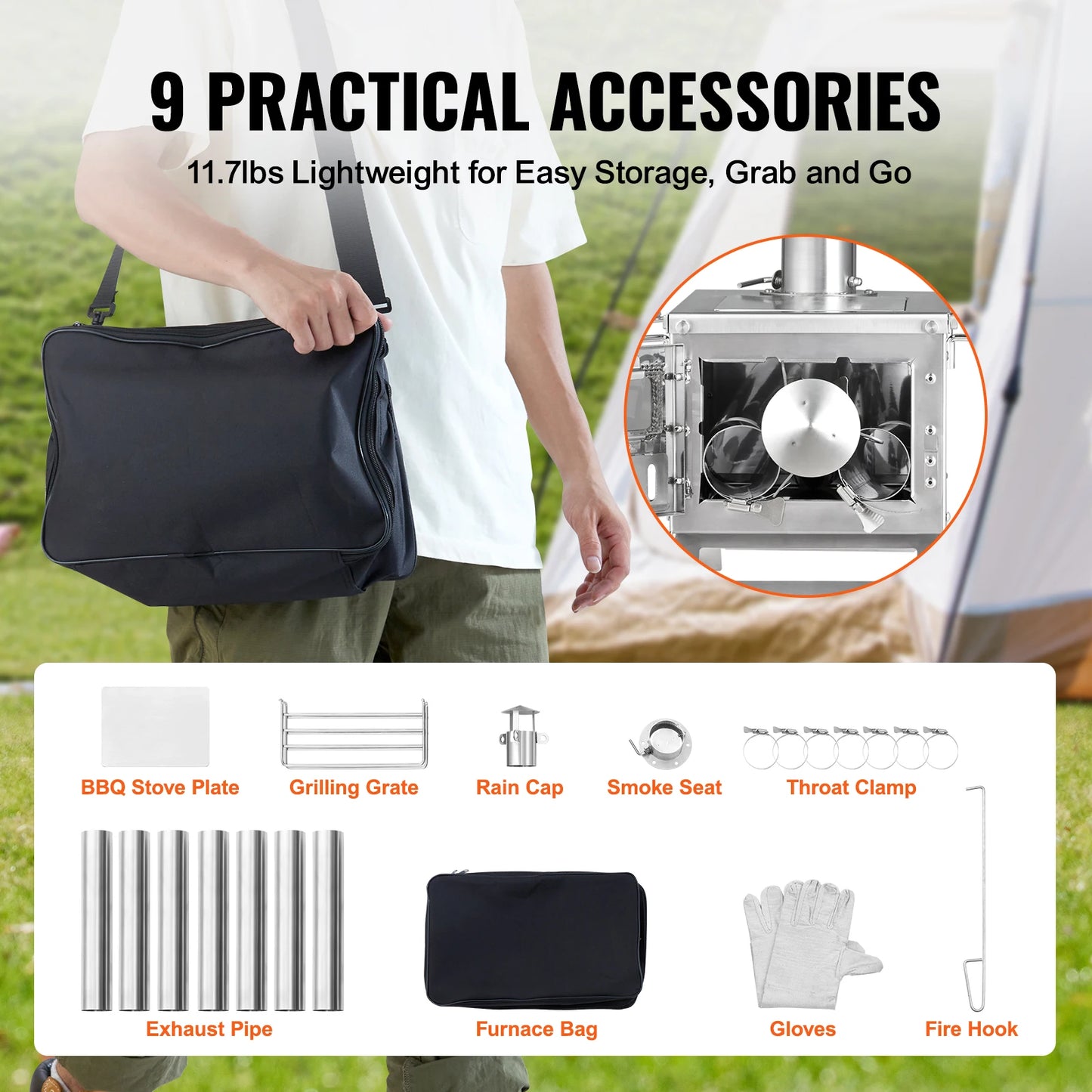 Portable Stainless Steel Camping Wood Stove with Chimney Pipes Gloves