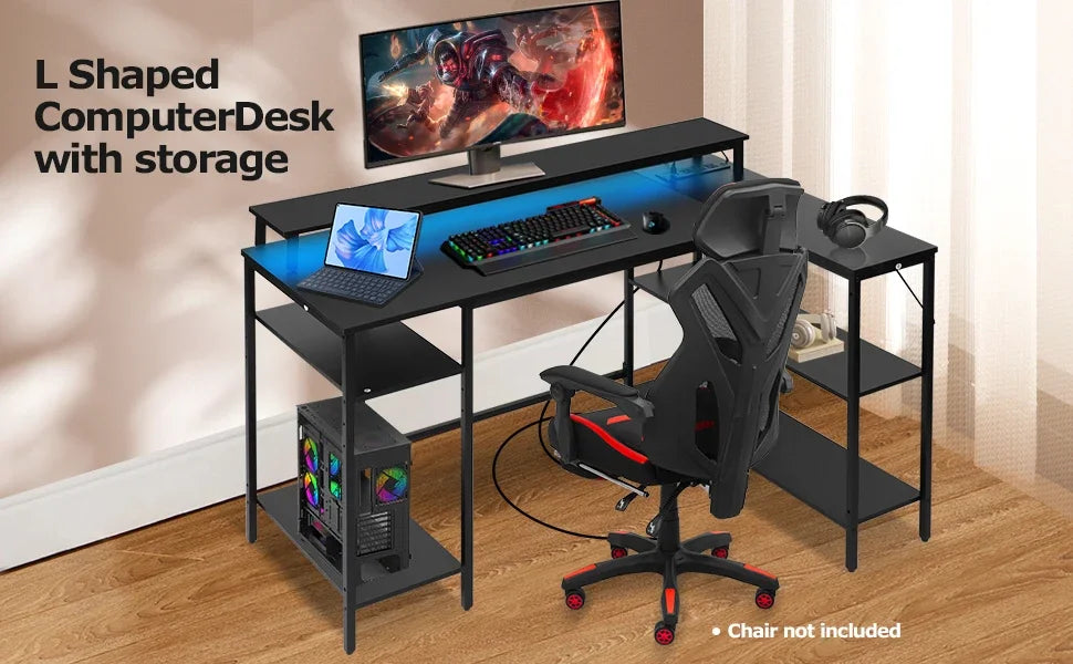 L Shaped Gaming Desk with LED Lights Power Outlets Reversible Design