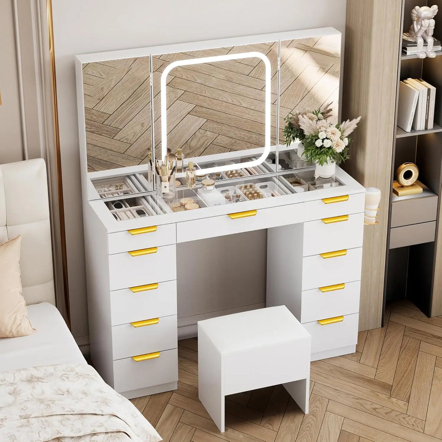 11 Drawer Vanity Desk with Foldable Mirror LED Lights and Gold Handles