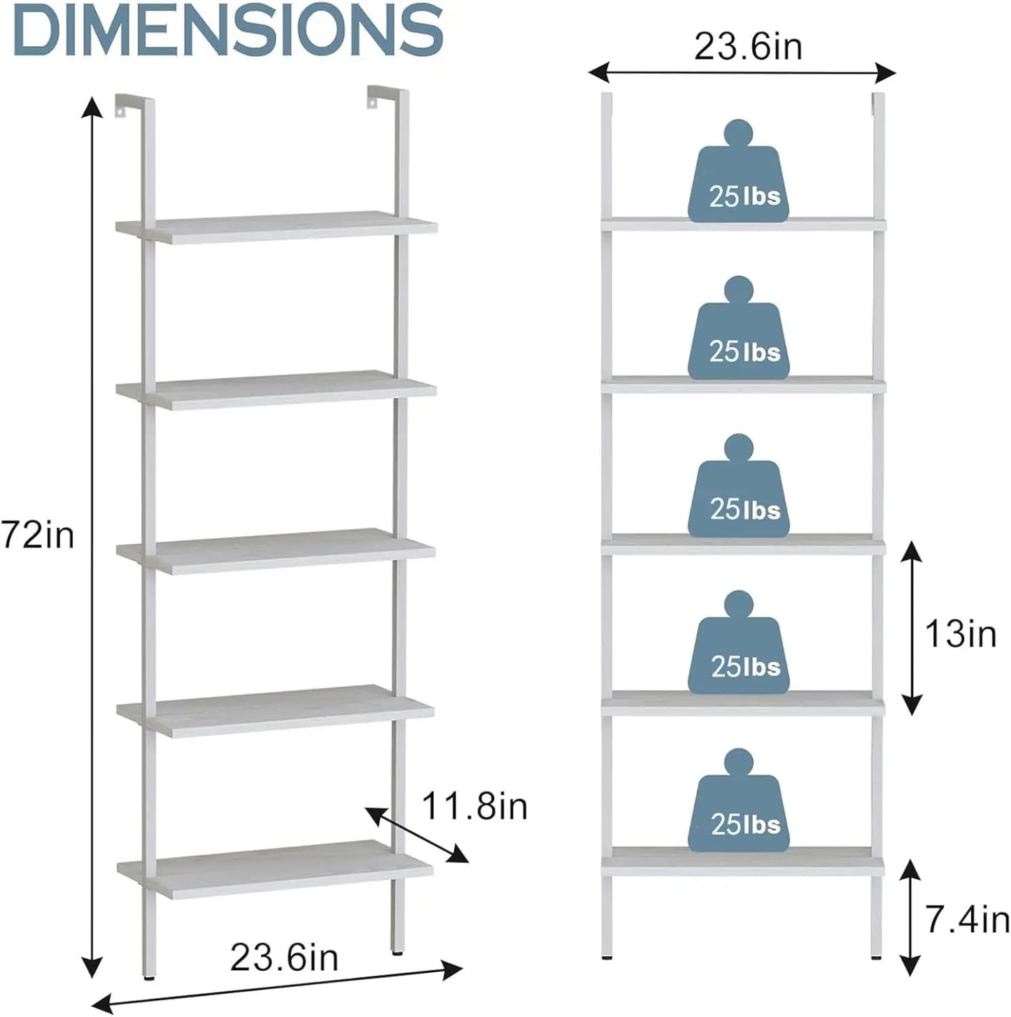 Ladder Shelf 5-Tier Wooden Bookshelf Wall-Mounted Plant Stand Utility