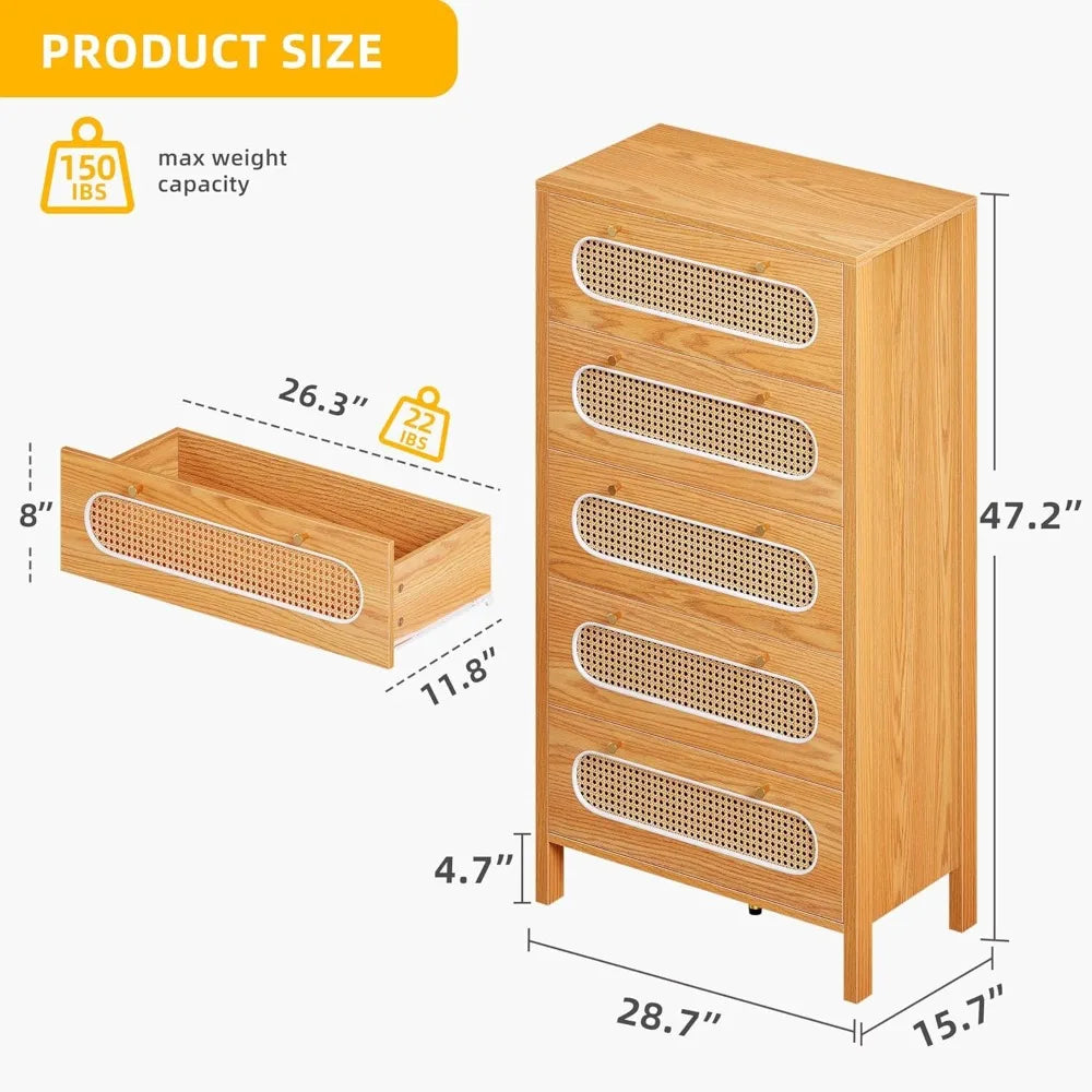 47 Inch Tall Rattan 5 Drawer Dresser Boho Storage Chest of Drawers