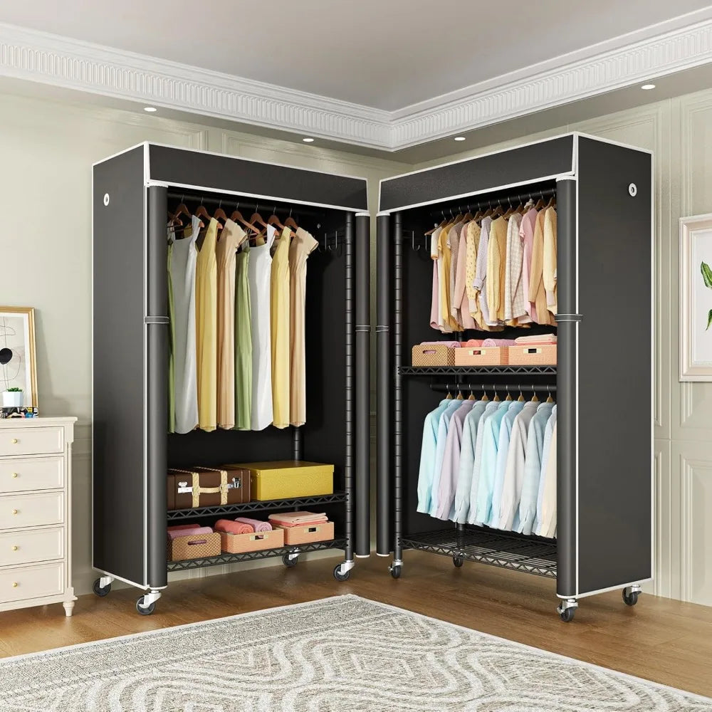Clothing Rack with Cover Rolling Closet Metal Garment Rack Storage