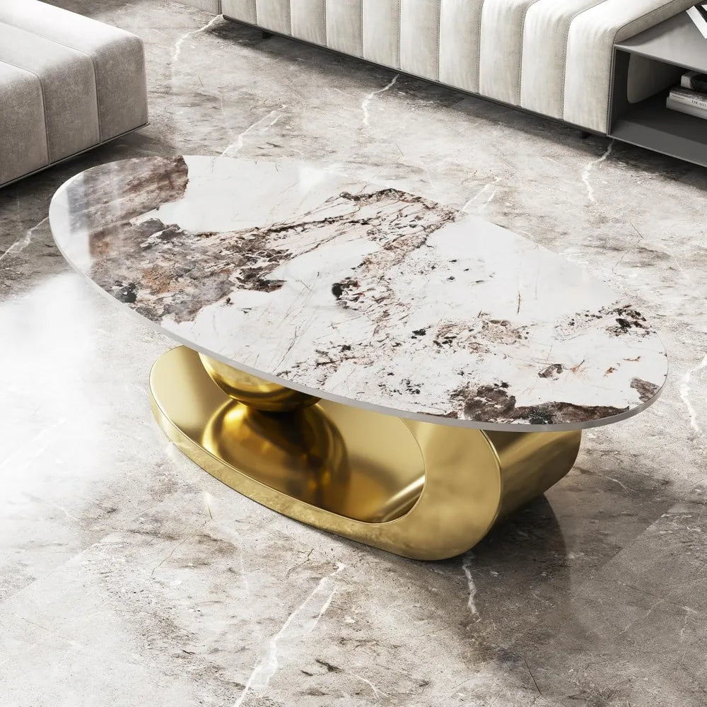 Modern Oval Coffee Table Faux Marble Sintered Stone Gold Base 51.2"