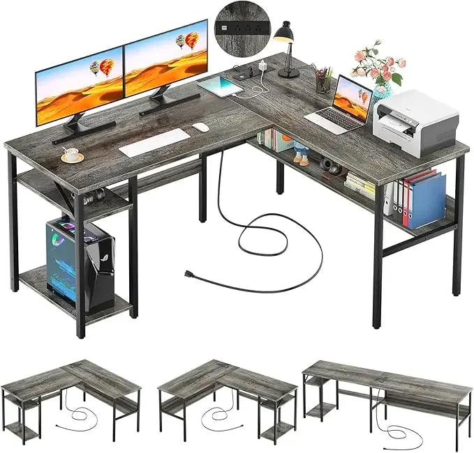 L-Shaped Desk with LED Strip Power Outlets Reversible Corner Design