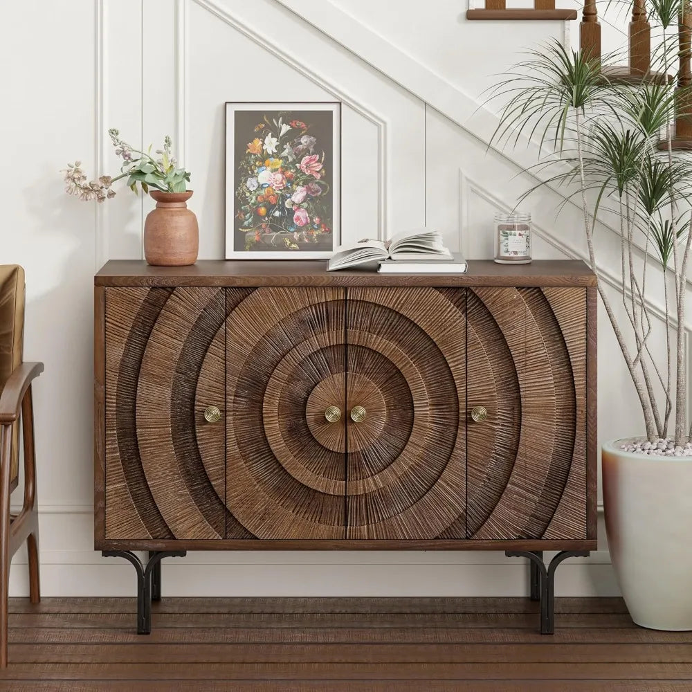 Farmhouse 4-Door Storage Cabinet Accent Sideboard Buffet with Pattern