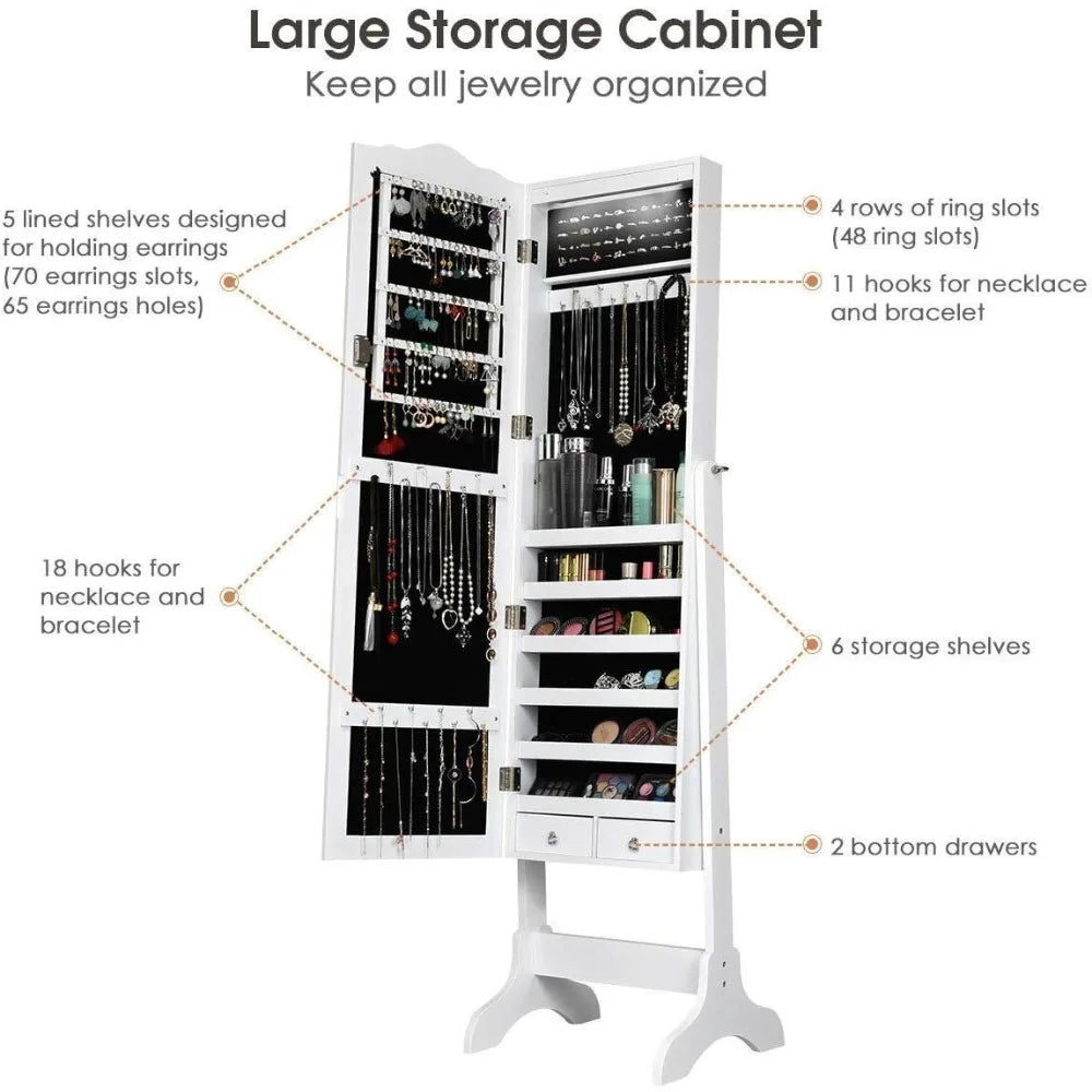 Standing Lockable Mirrored Jewelry Cabinet with LED Lighting and Drawers