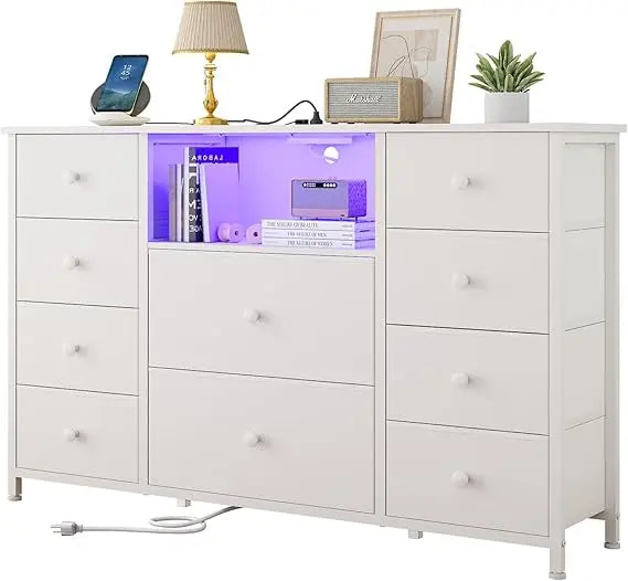 Dresser with Charging Station LED Lights 10 Drawers Modern Storage Unit
