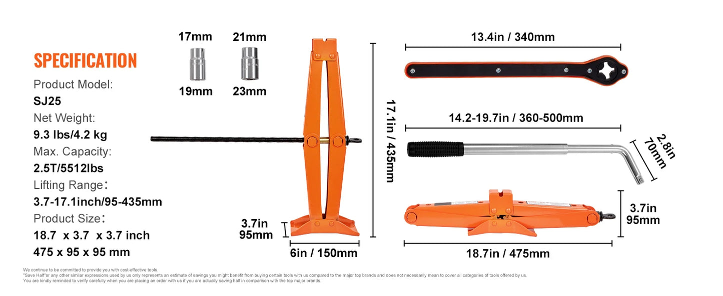Ljustra 2.5 Ton Scissor Jack Portable Car Tire Jack 3.7-17.1 Inch Lift Range