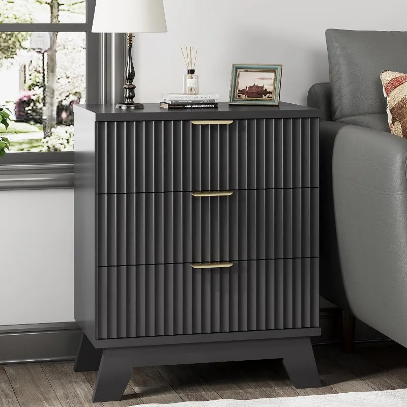Fluted Nightstand 24 Inch Wide Side Table 3 Drawer Mid Century Modern Black