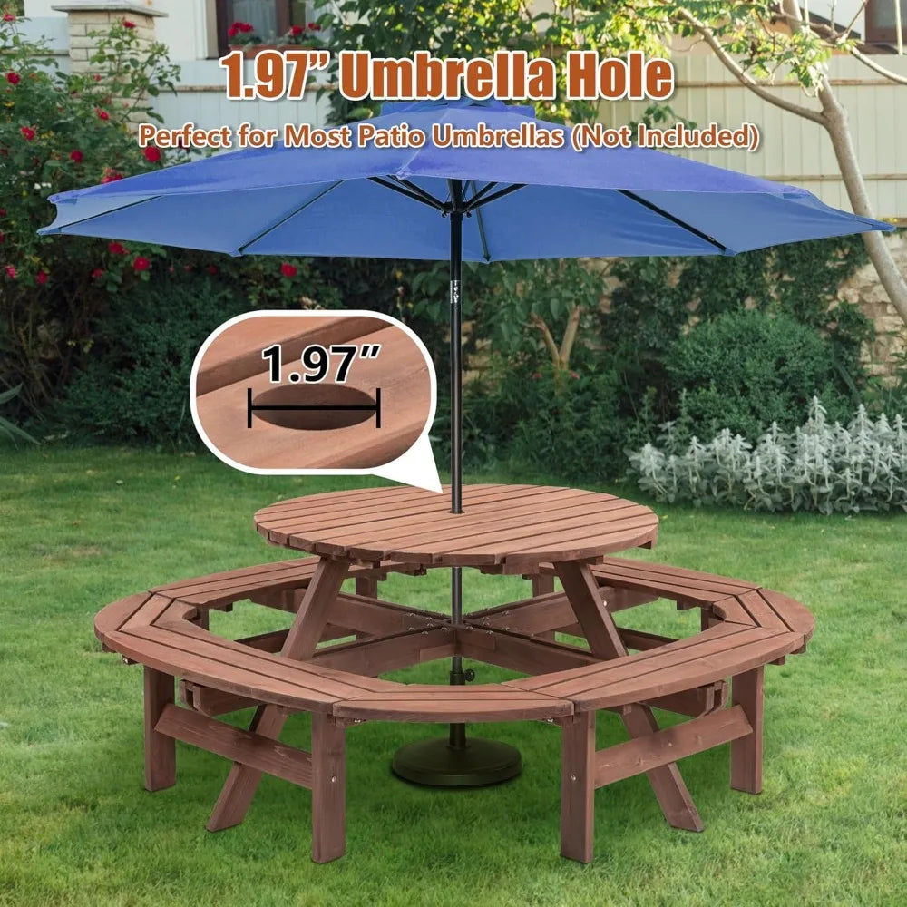 10 Person Solid Wood Outdoor Round Picnic Table and Bench Set