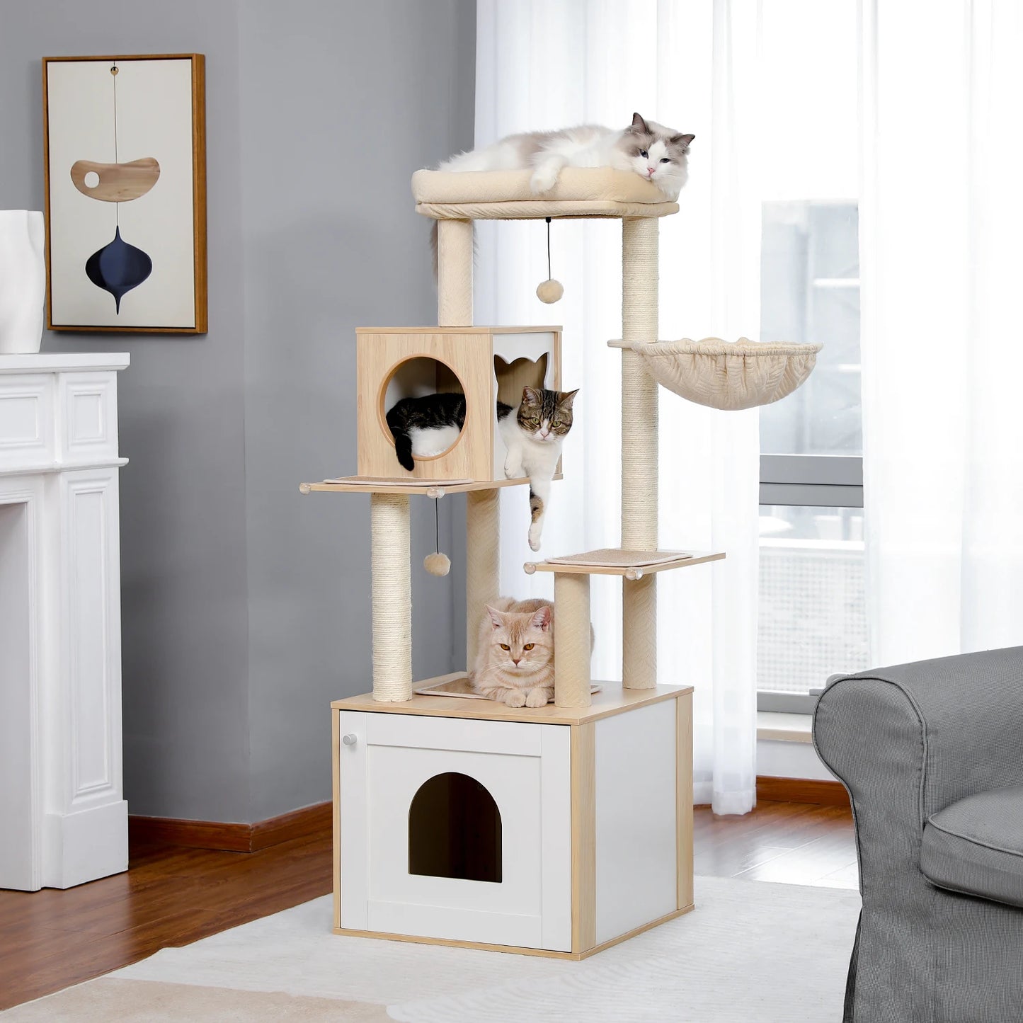 Multi-Level Cat Tree Indoor Wood Tower with Hammock Scratching Posts