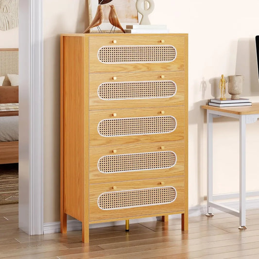 47 Inch Tall Rattan 5 Drawer Dresser Boho Storage Chest of Drawers