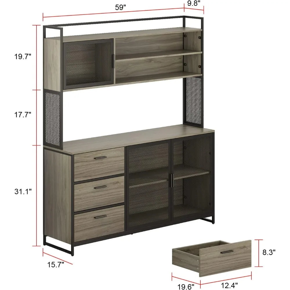 Large Kitchen Hutch Storage Cabinet with Metal Frame and Mesh Doors