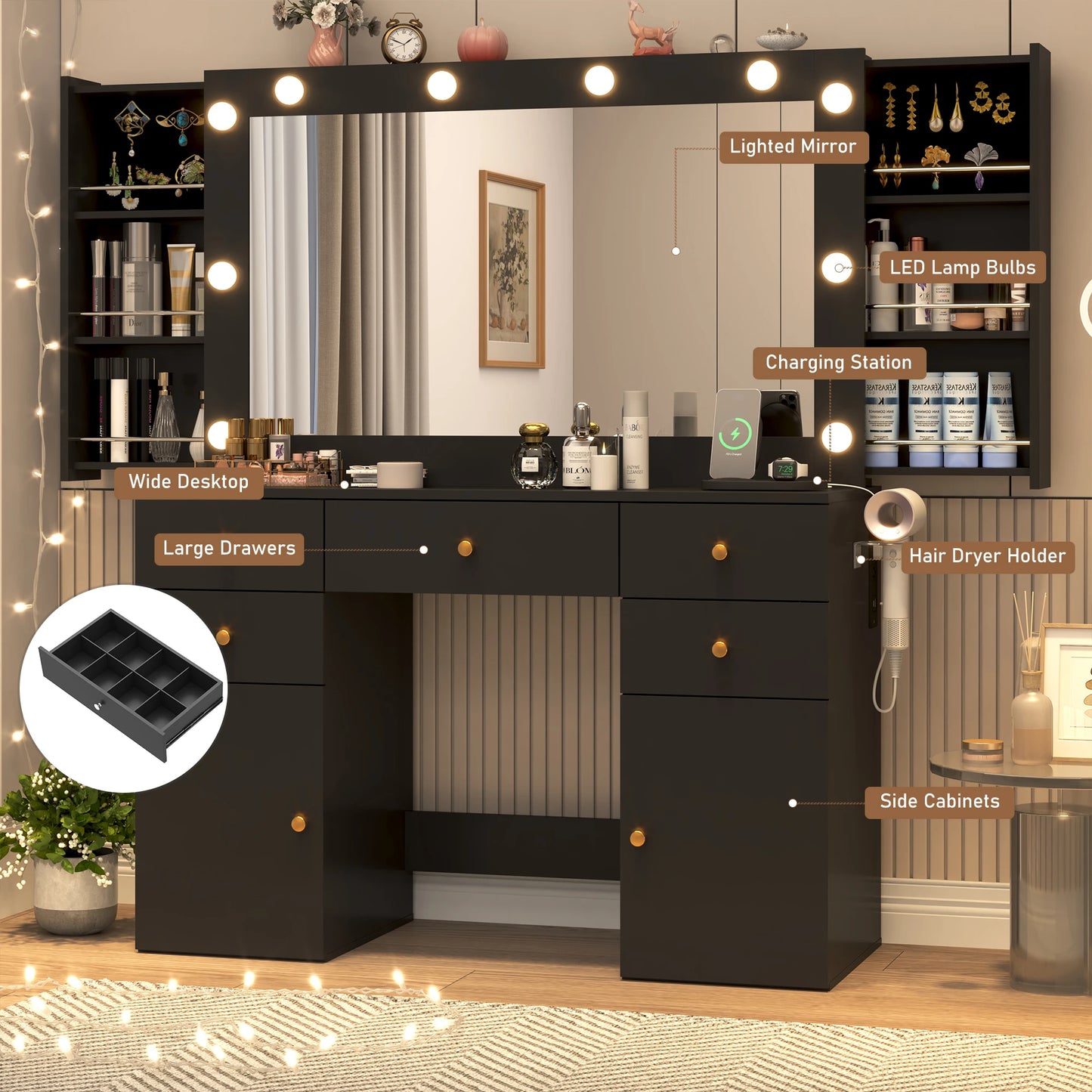 Vanity Desk with Lighted Mirror Charging Station & Storage Set