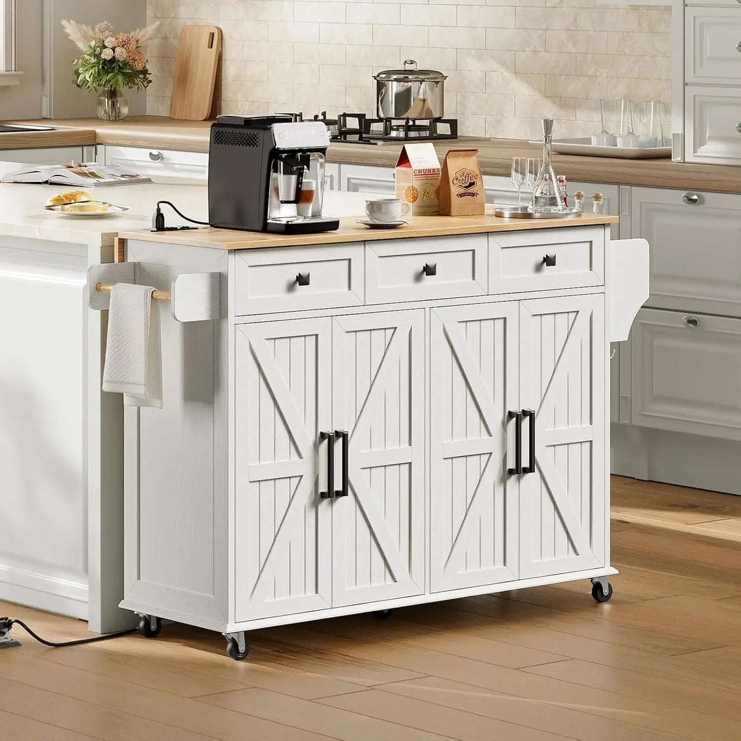 Kitchen Island with Drop Leaf Rolling Cart and Charging Station Storage