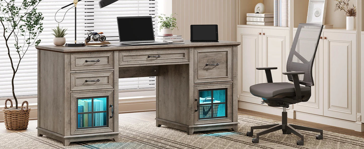 58 Inch Farmhouse Wooden Desk with Power Outlets and LED Light