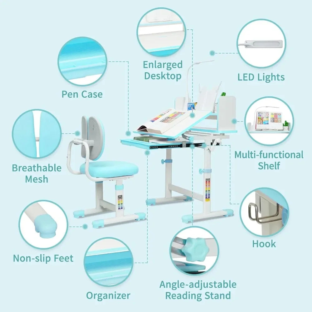 Kids Desk Chair Set Height Adjustable LED Lamp Tilting Tabletop