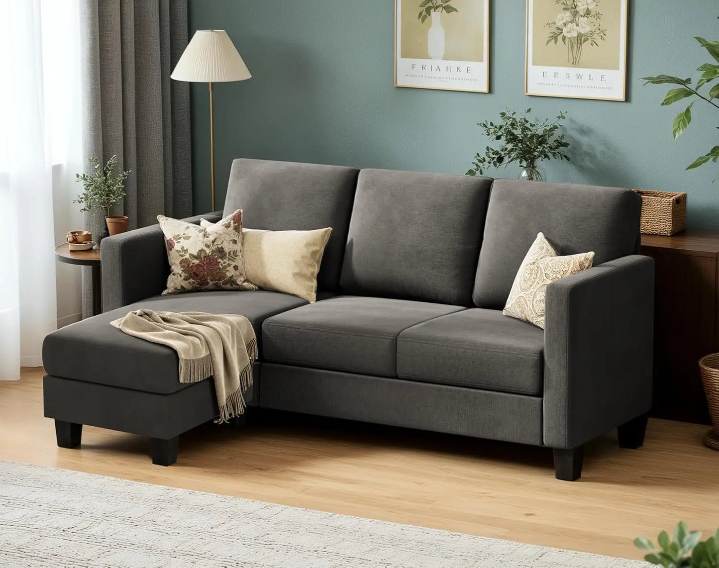 Convertible L-Shaped Sectional Sofa – 3-Seat Linen Couch, Dark Gray, Small Space