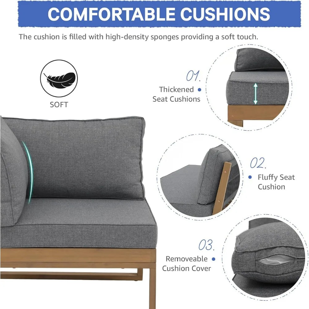 L-Shaped Acacia Wood Patio Sectional Sofa Set with Coffee Table