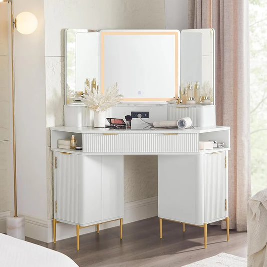Corner Vanity Desk with Mirror Lights Storage and Charging Outlet