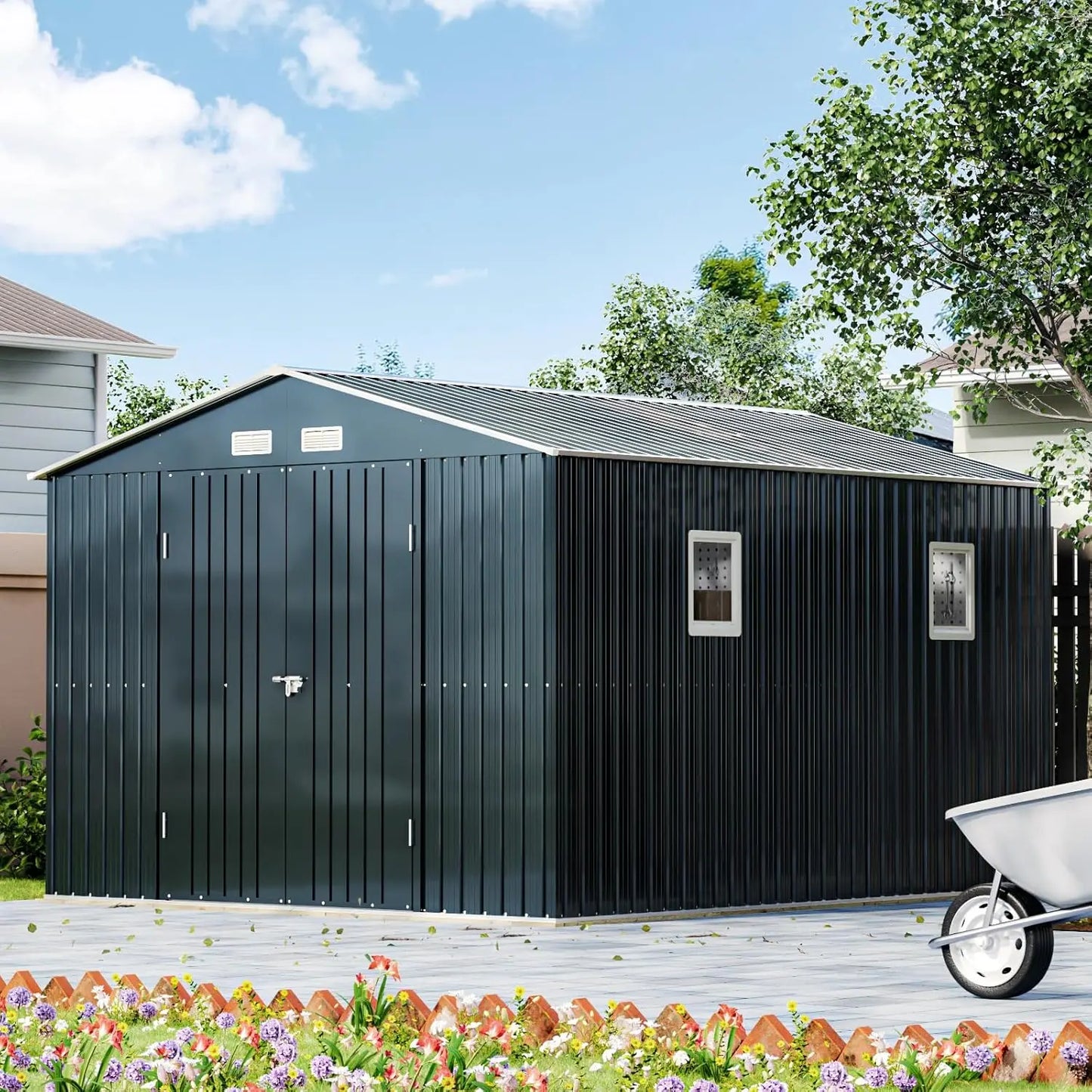 10X12 Outdoor Steel Storage Shed Lockable Doors Windows Transparent Roof