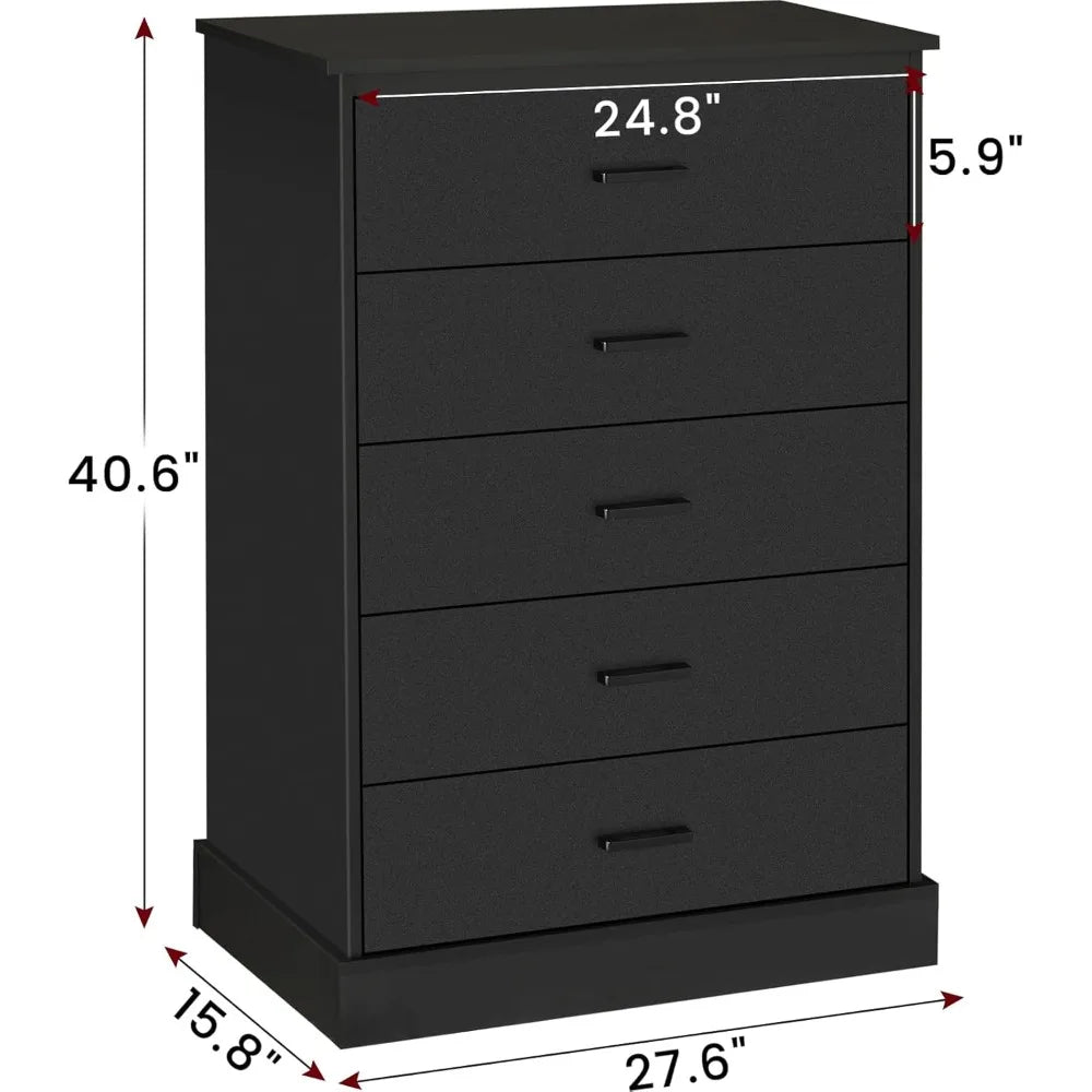 Black 5 Drawer Dresser Wooden Storage Cabinet Tall Chest for Bedroom