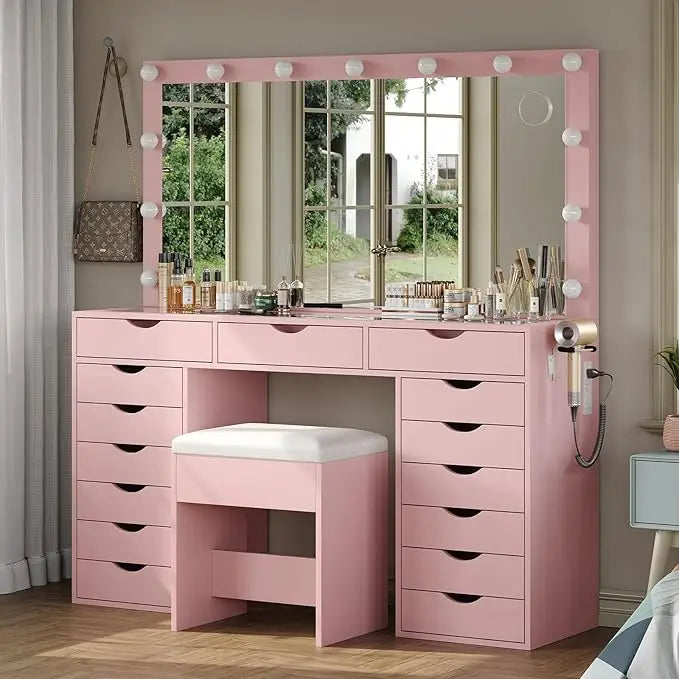 Vanity Desk with Mirror and Lights Makeup Table Charging Station 15 Drawers