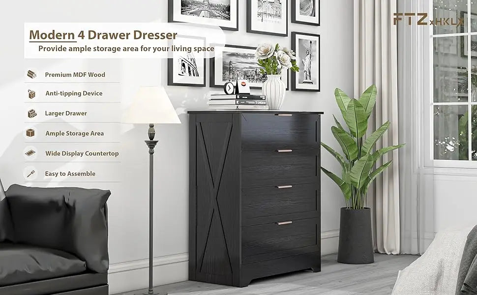 Tall Black Dresser with Large Drawers for Bedroom Closet Storage