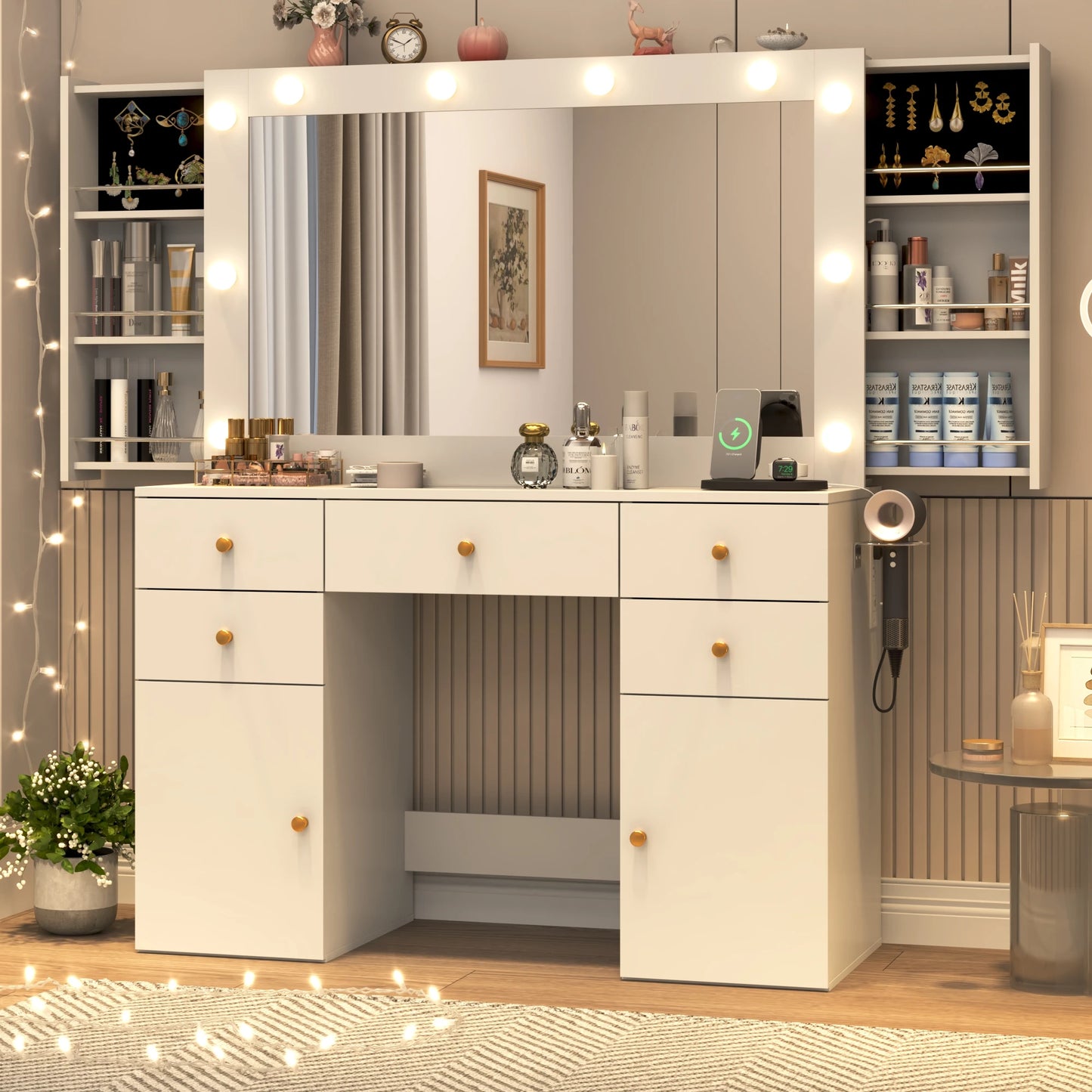 Vanity Desk with Lighted Mirror Charging Station & Storage Set
