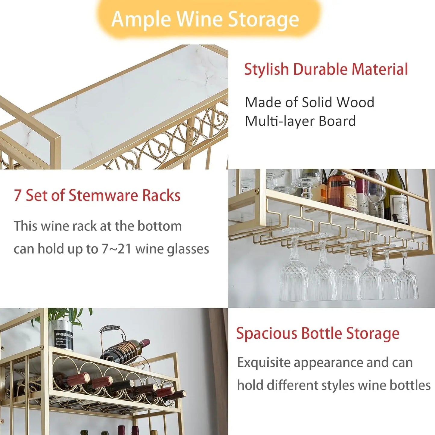 Wine Rack Glass Holder Metal Bottle Holder Storage Shelf Home Bar Kitchen