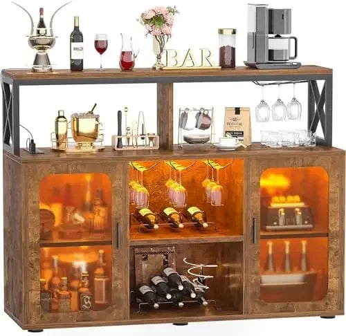 Ljustra Bar Cabinet with Power Outlets LED Lights Wine Storage Rustic Brown