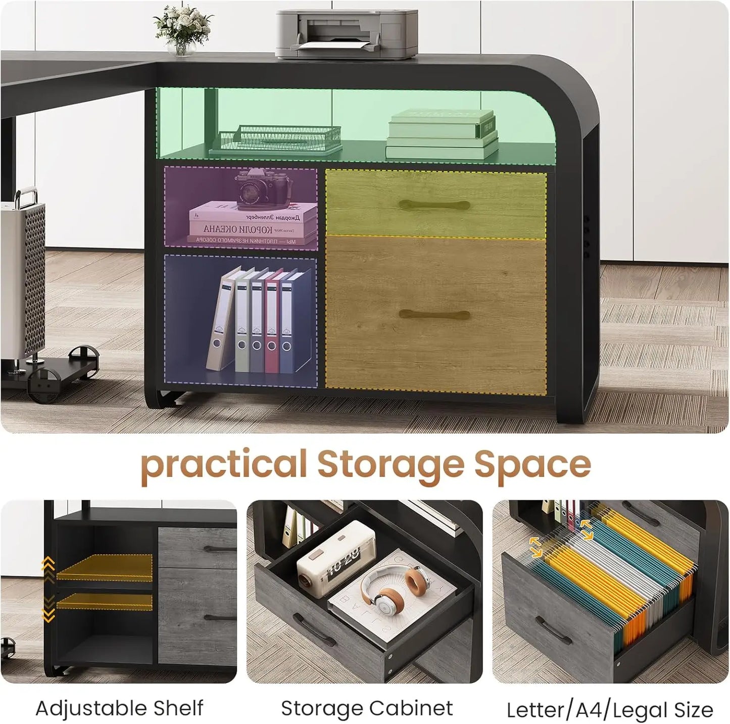 L Shaped Executive Desk with Drawers and Mobile CPU Stand for Home Office