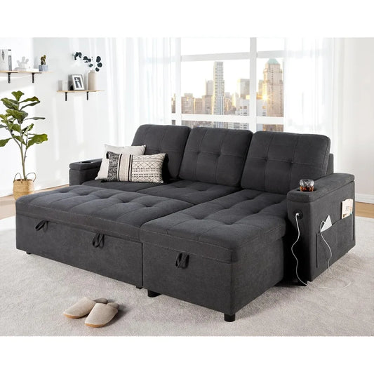 Ljustra Sleeper Sofa Pull Out Couch Bed USB Charging Port Cup Holders